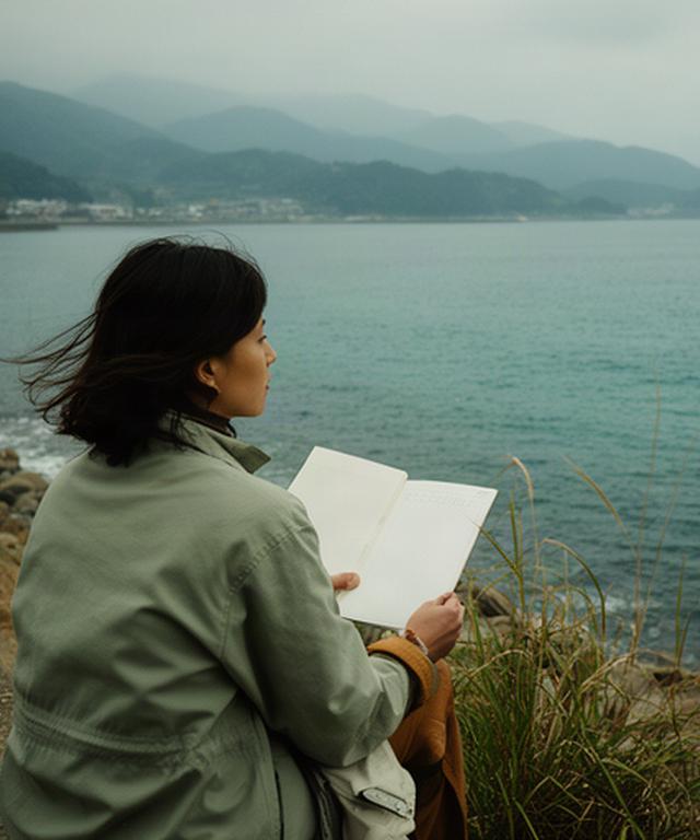 三重県南伊勢の海辺を眺めながら資料を確認する人、長期計画を考える静かな時間