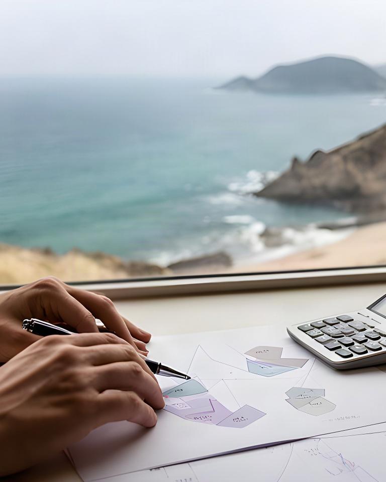 伊勢志摩の海を望む机で資産配分表を確認する投資担当者の手元