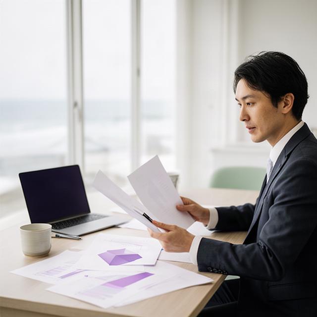 伊勢南西線沿いの明るい相談室で資料を確認する担当者